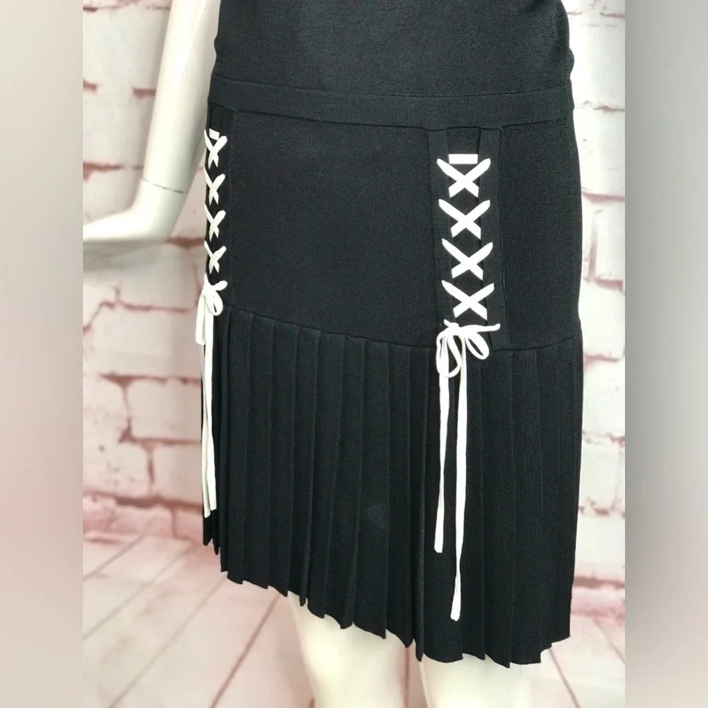 PARKER XS Kennedy Black Knit Pleated Skirt Drop Waist Lace Up Ties Tank Dress XS - Picture 10 of 16